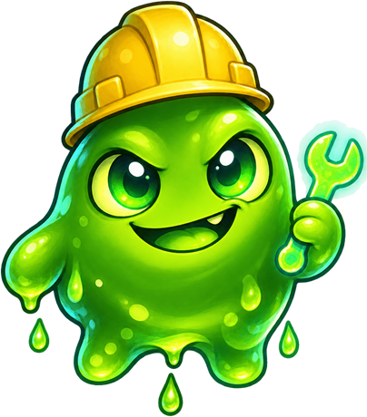 Icky, the IckyAppBuilds mascot: a green slime in a yellow hard hat holding a wrench